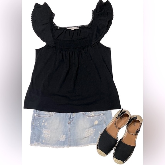 Loft Black Smocked Ruffle Lace Sleeved Blouse Women’s Size Small Bohemian Top - Picture 2 of 16